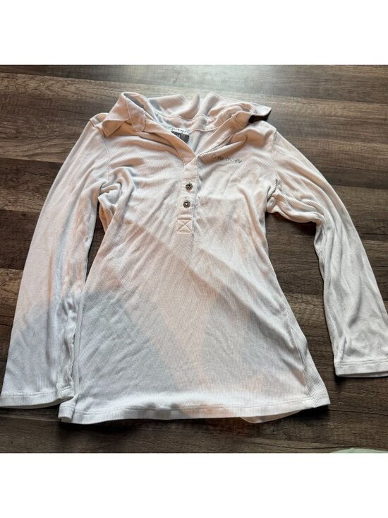bebe Tops - Bebe White Long Sleeve Ribbed Collared Top With Rhinestone Buttons Womens Size M